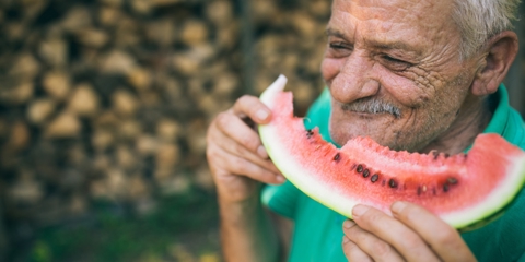 Old man eating watermelon