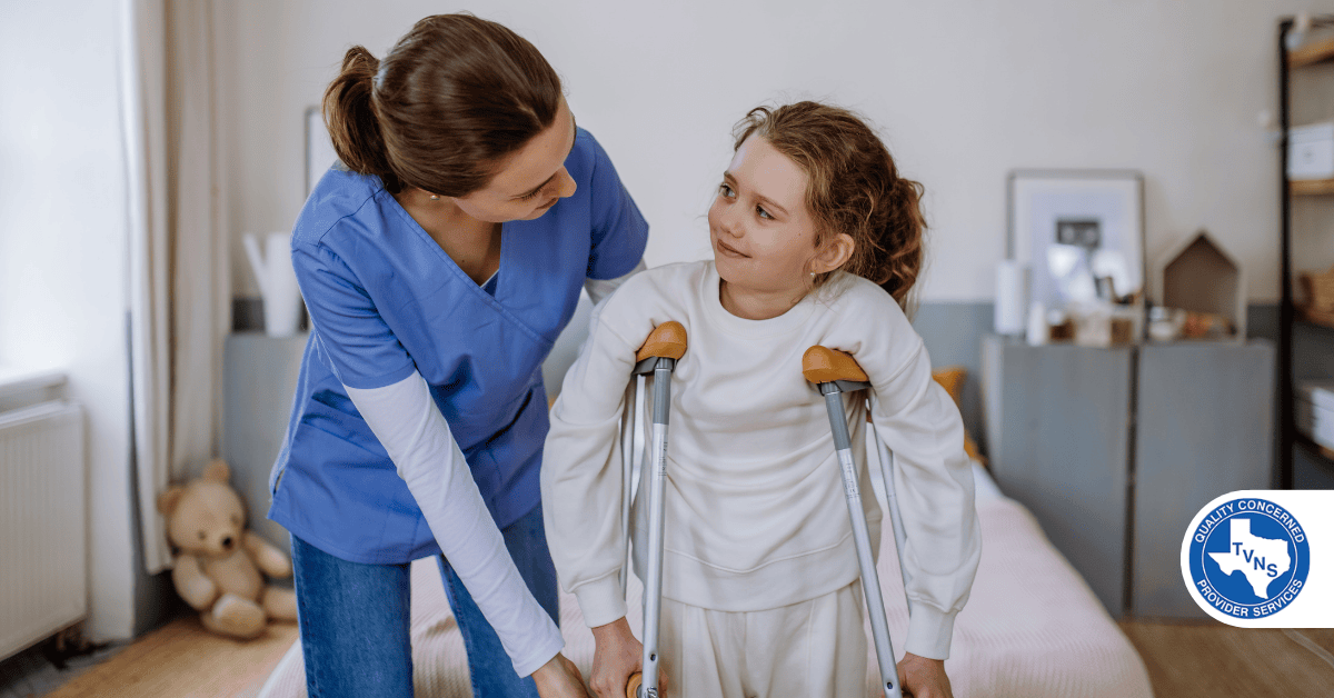 Young nurse helping to walk to little girl with a broken leg.